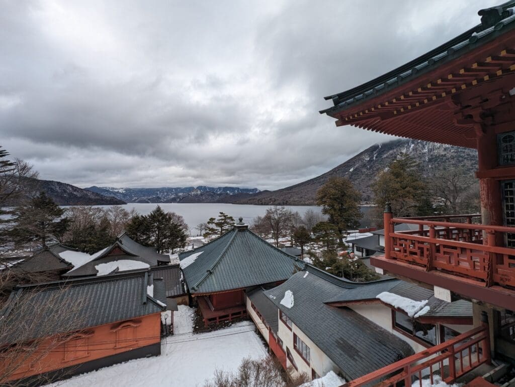 a snow covered rooftops of buildings and a lake