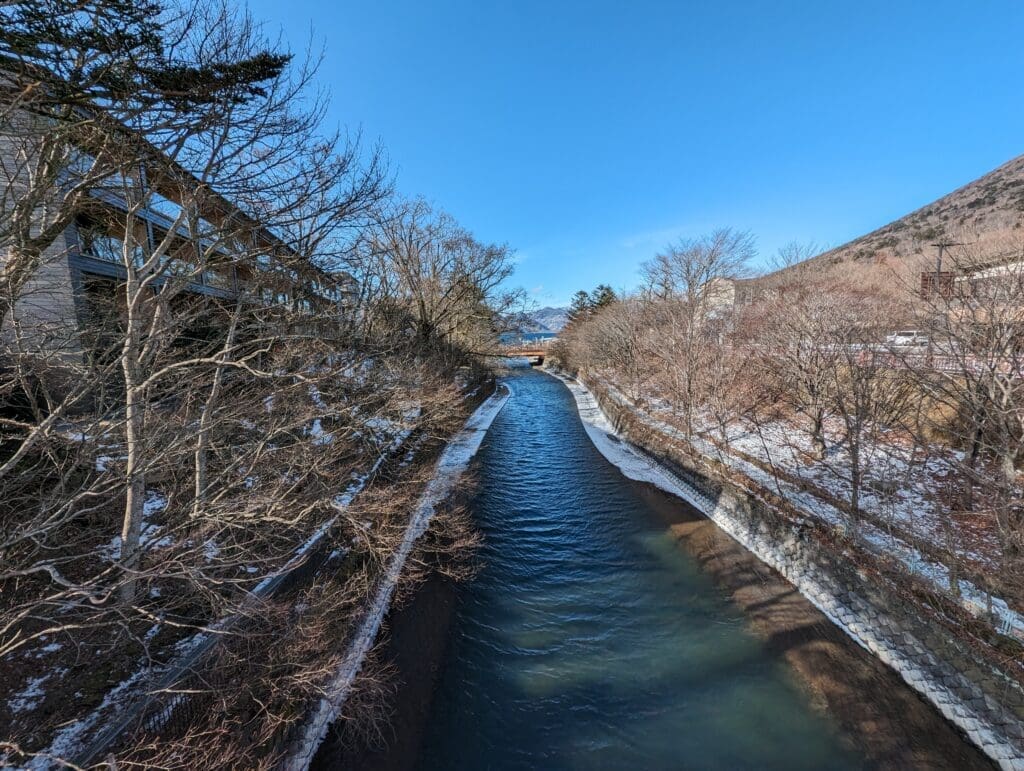 a river with trees and a bridge