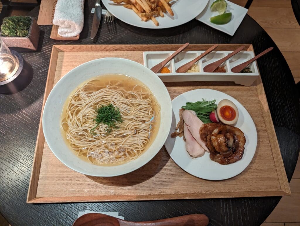 a plate of food on a tray