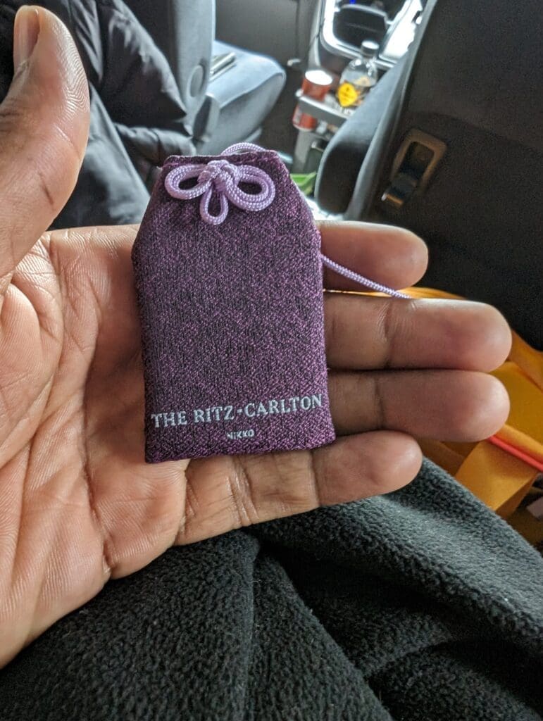 a hand holding a small purple bag