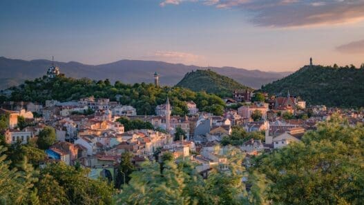 a city with trees and mountains in the background