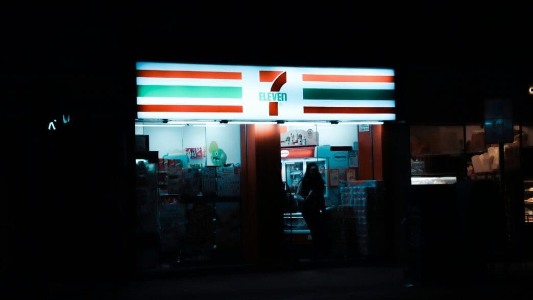 a store front at night