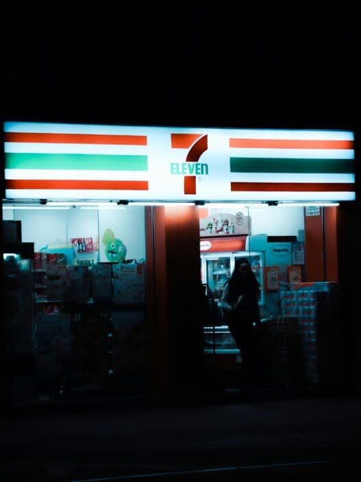 a store front at night
