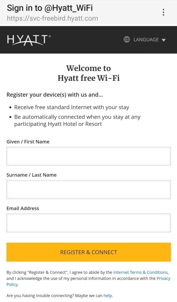 a screenshot of a hotel registration form