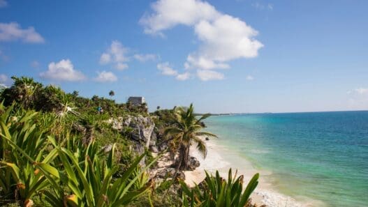a beach with palm trees and blue water with Tulum in the background