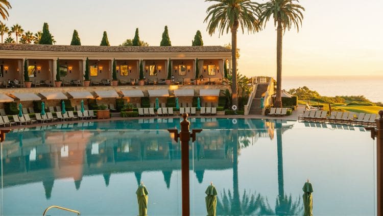 a pool with palm trees and a building with a beach and a building