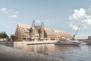 a building with a boat in the water