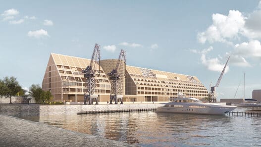 a building with a boat in the water