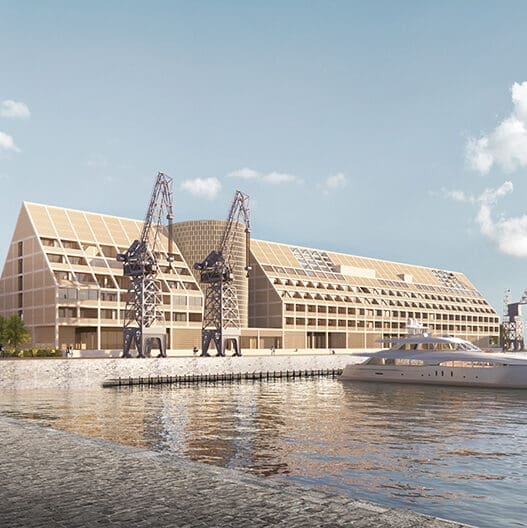 a building with a boat in the water