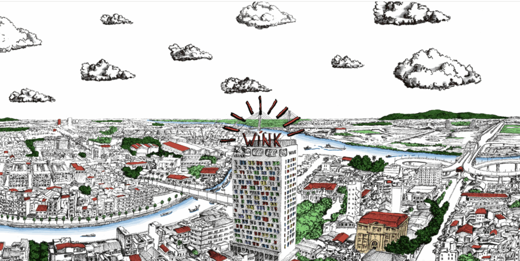 a drawing of a building with a clock on top