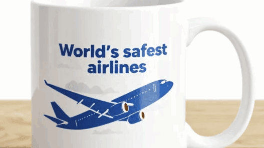a white mug with a blue airplane on it