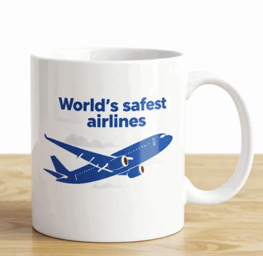 a white mug with a blue airplane on it