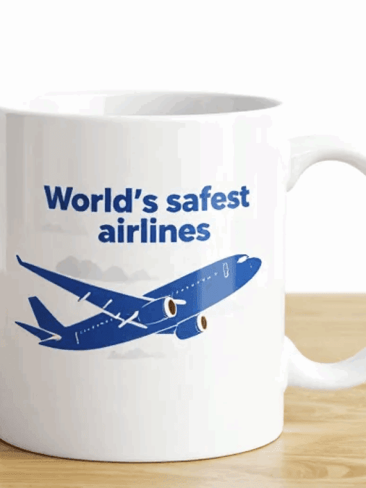 a white mug with a blue airplane on it
