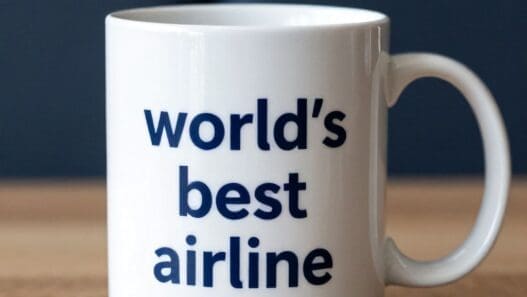 a white mug with blue text on it