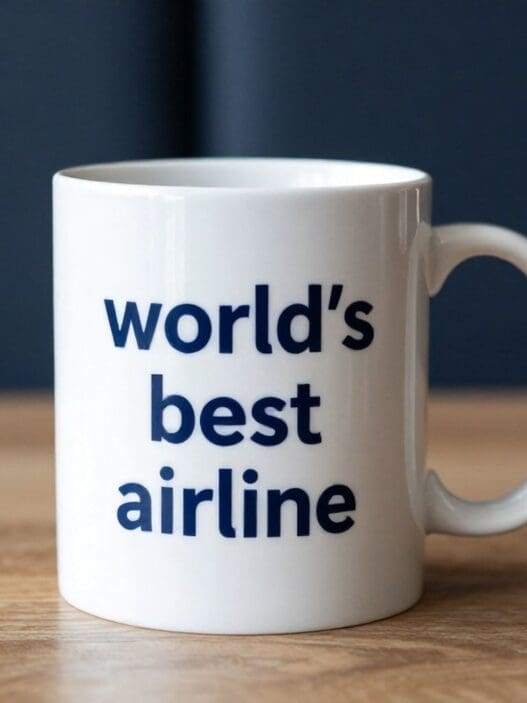 a white mug with blue text on it