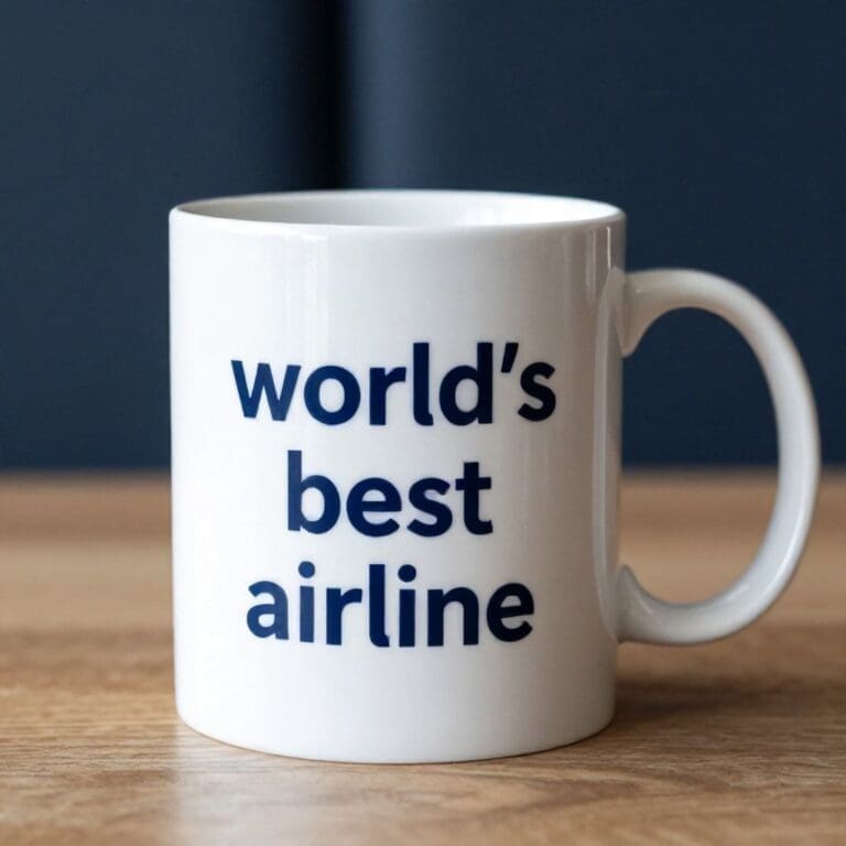 a white mug with blue text on it