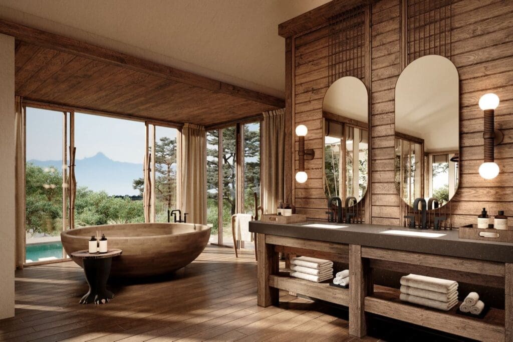 a bathroom with a tub and a large mirror