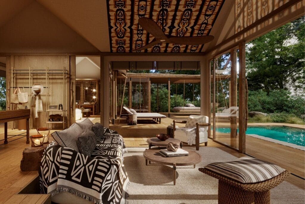 a living room with a pool and a couch