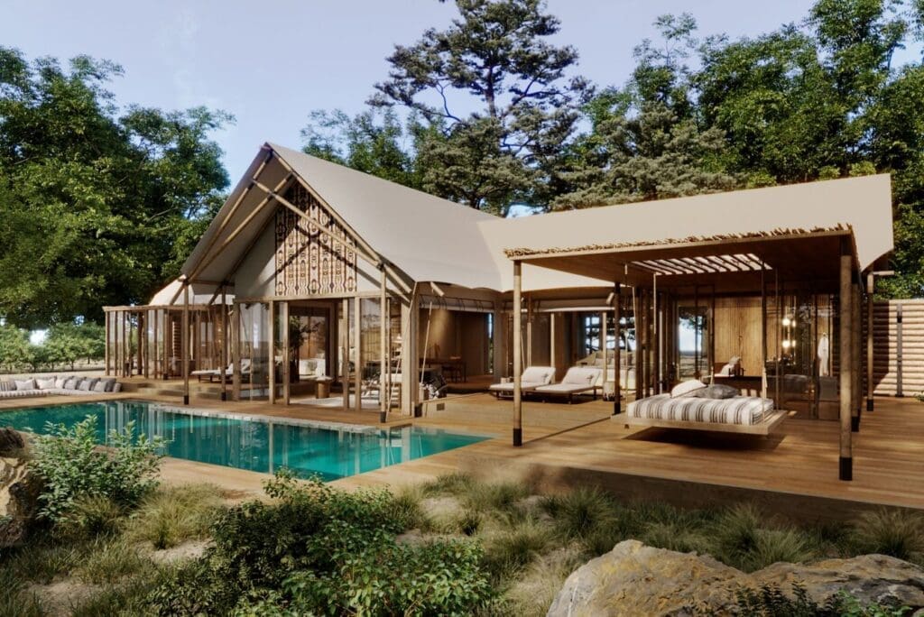 a house with a pool and trees