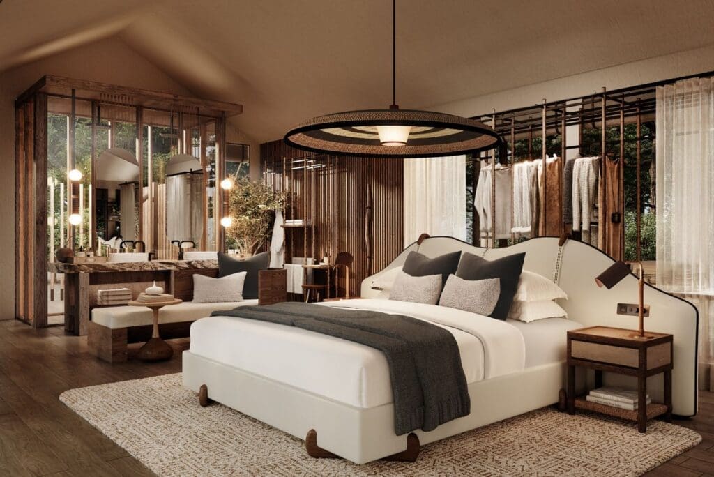 a bedroom with a large bed and a closet