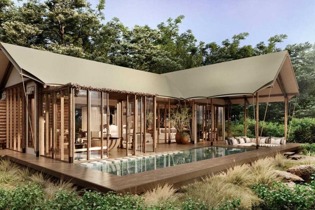 a house with a pool in the middle of it