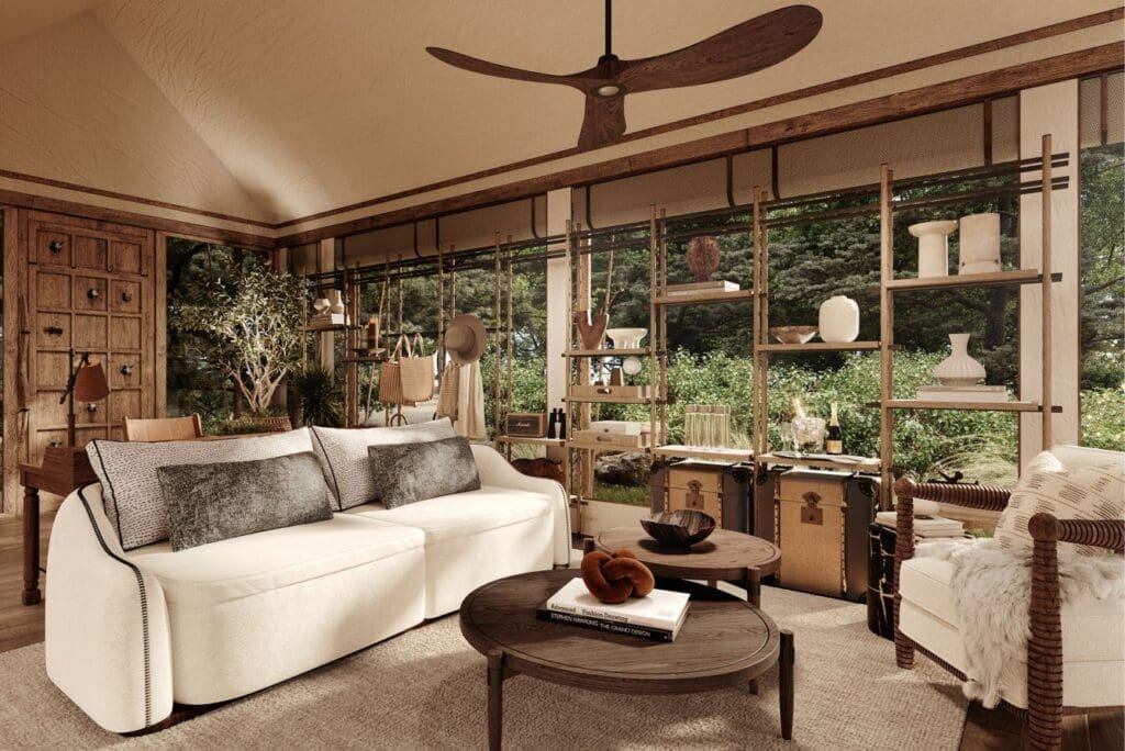 a room with a white couch and a table