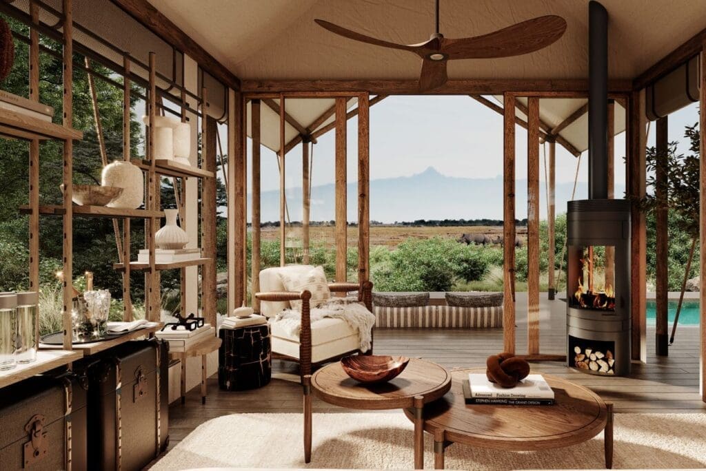 a room with a fireplace and a fan