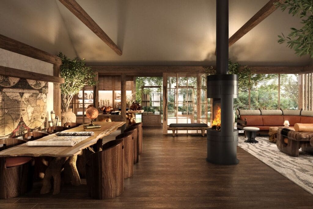 a room with a fireplace and a table