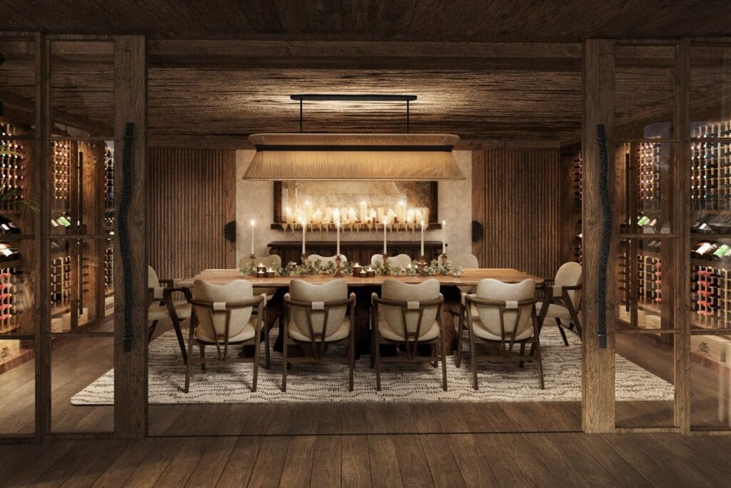 a room with a large table and chairs