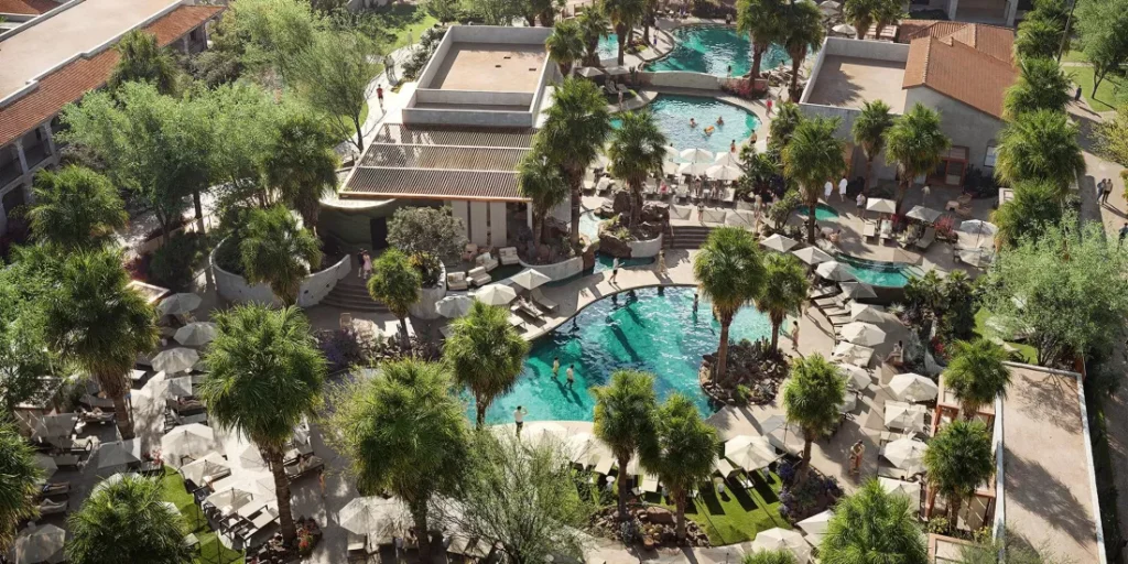 a pool with people and palm trees