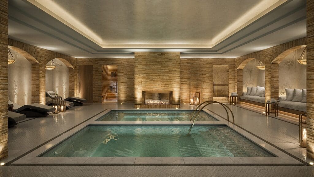 a indoor pool with a fireplace