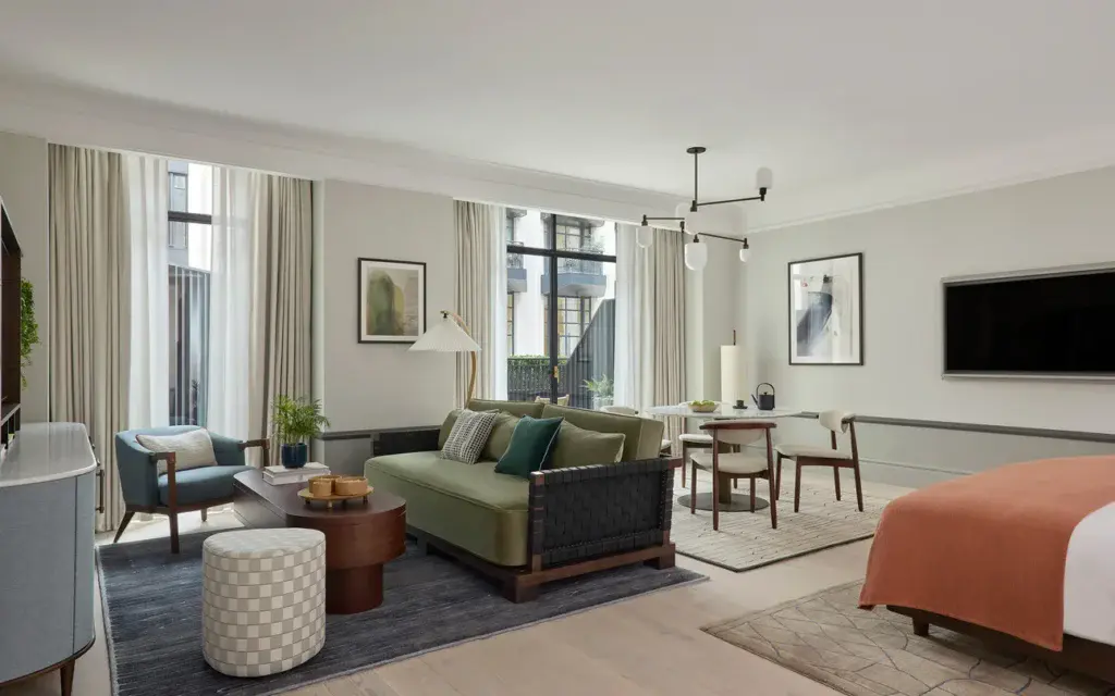 a living room with a couch and a table