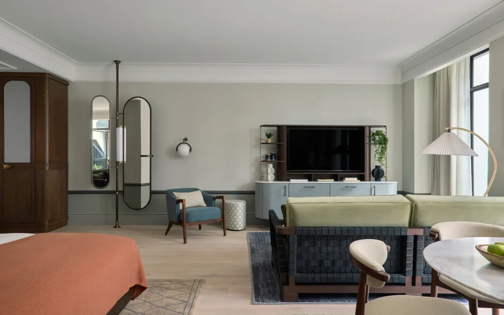 a room with a television and furniture