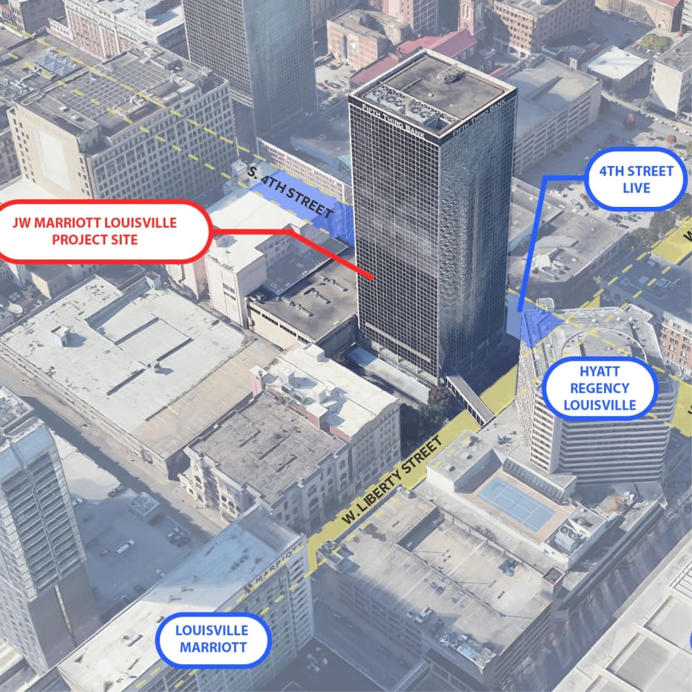 a high rise building with blue text