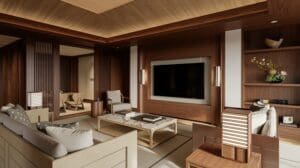 a room with a tv and a table