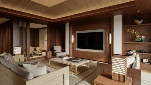 a room with a tv and a table