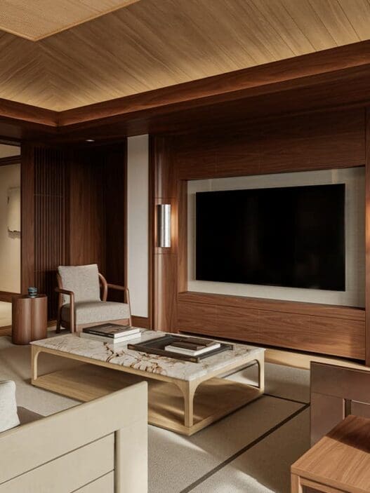 a room with a tv and a table