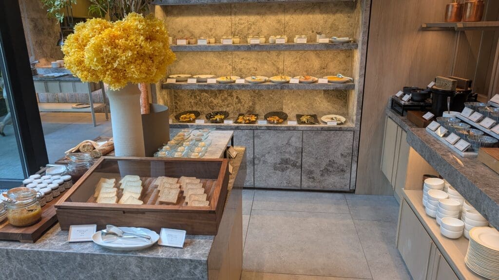 a display of food on shelves