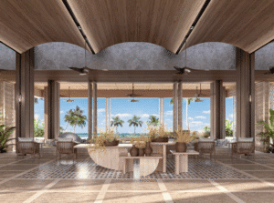 a room with a large table and chairs and a large window