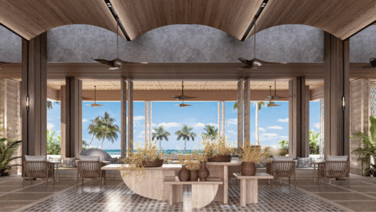 a room with a large table and chairs and a large window