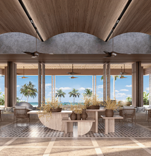 a room with a large table and chairs and a large window