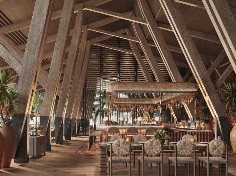 a room with a bar and chairs