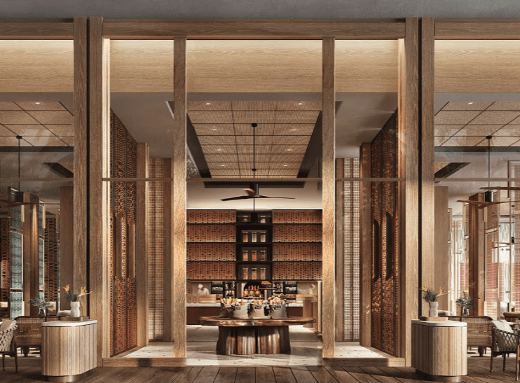 a room with a buffet table and shelves