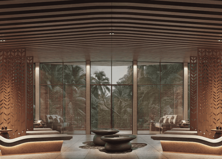 a room with a large window and a large stone table