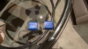 two small rectangular objects on a glass table