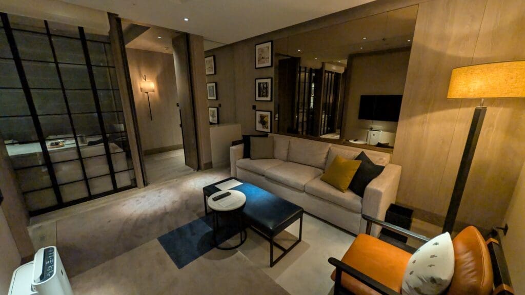 a room with a couch and a table