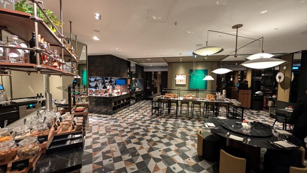 a restaurant with food on the counter