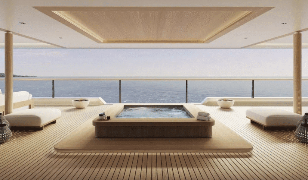 a jacuzzi on a deck overlooking the ocean