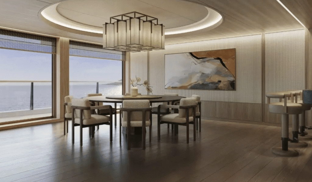 a room with a table and chairs