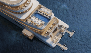 a large white boat with a pool on the water